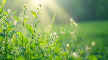 Blurred image of a field with flowers, hills and sunset at the background