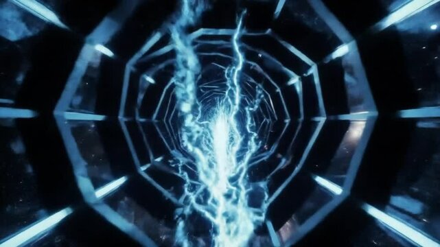 Electric Blue Lights Pulse Upward in 3D Warp Tunnel, Hexagonal Metal Walls and Glowing Particles in Deep Space Animation