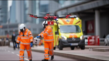 A drone equipped with a medical emergency kit flies over a busy urban scene, providing rapid assistance to emergency responders. The quick delivery enhances medical support during urgent situations