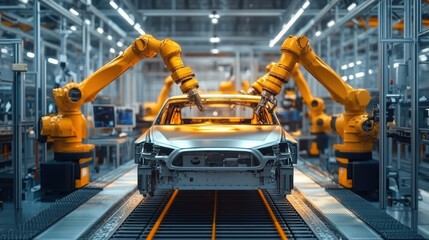 Car manufactory, robot assembly line in car factory Automobile production. Automotive industry