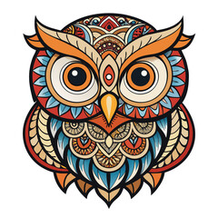 Vector art illustration of an owl on a branch, a tribal animal design with a decorative floral pattern