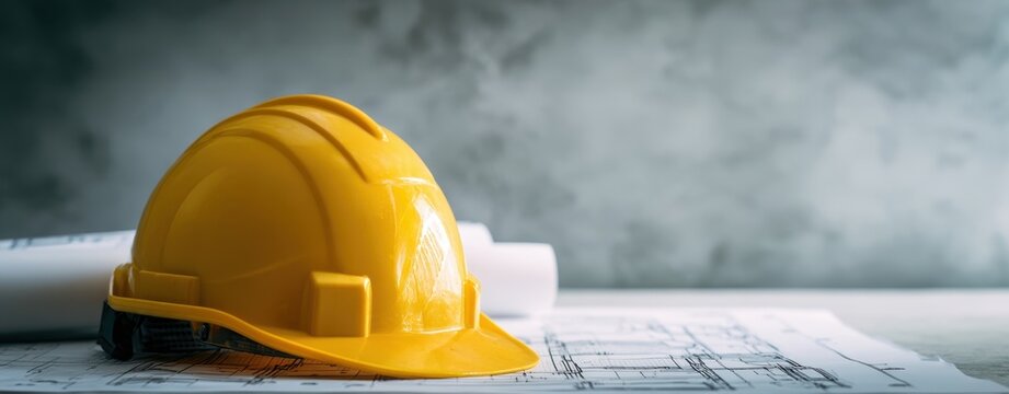 The yellow hard hat resting on architectural blueprints in a professional workspace - Powered by Adobe