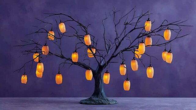 Halloween concept. A leafless tree with glowing orange lanterns shaped like pumpkins hanging from its branches against a purple background.