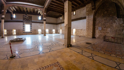 Spacious Historical Hall with Intricate Patterns. Ancient Aleppo city citadel throne room, Syria