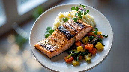 Grilled Salmon with Roasted Vegetables and Mashed Potatoes.