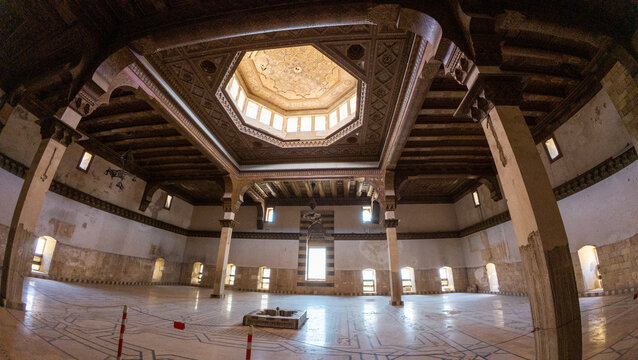 Historic Building Interior with Ornate Wooden Ceiling. Ancient Aleppo city citadel throne room, Syria