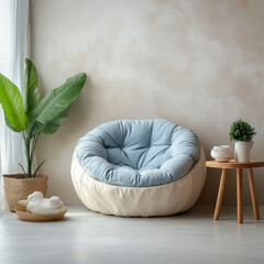 blue chair and wall. Boho home interior design of modern living room