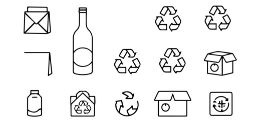 Minimal Black Stroke Vector Icons of Eco-Conscious Packaging Materials  set of icons