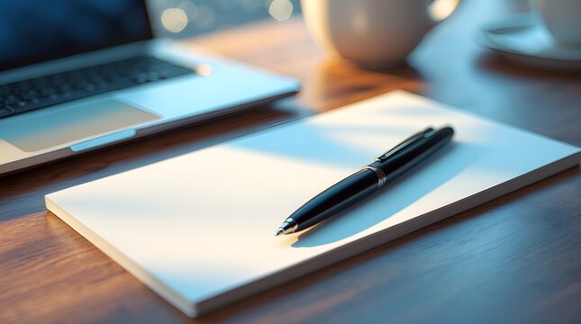 Laptop notepad and pen on a wooden desk.