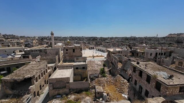 Panoramic View of War-Torn Cityscape. Aleppo city, Syria.