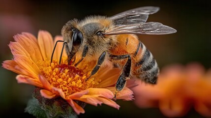 Honey bee collecting pollen on Gerbera