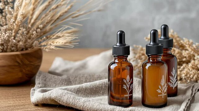 Three amber glass dropper bottles with herbal extracts are placed on a textured fabric, surrounded by dried flowers, creating a natural and calming atmosphere for wellness products