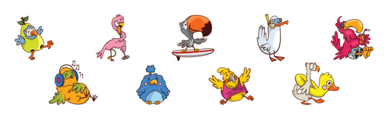 Funny Tropical Bird Character Enjoy Different Activity Vector Set