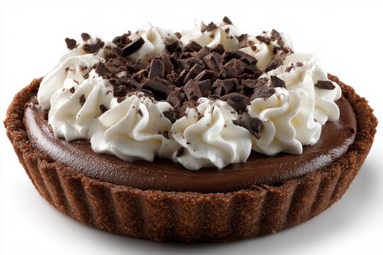 Delicious Mississippi mud pie with rich chocolate filling and whipped cream topped with chocolate shavings isolated on a white background