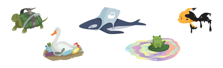 Animal Suffering from Contaminated Nature and Environment Pollution Effect Vector Set