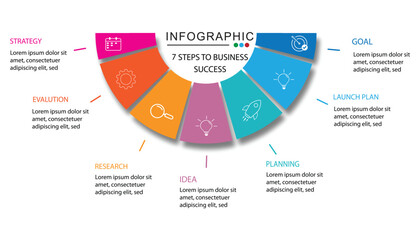 7 steps business process infographic, business infographic, timeline infographic template, strategy infographic, circle infographic, whit 7 steps or option.