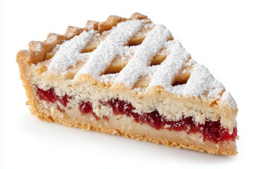 Delicious slice of Austrian Linzer torte with raspberry filling and almond crust, presented on a white background for an appetizing display