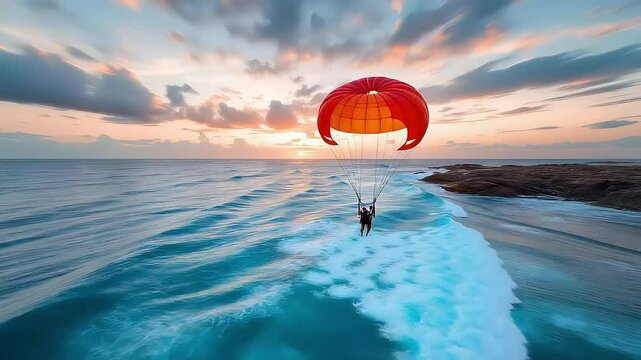 Parasailing Adventure Over Ocean at Sunset Aerial View.