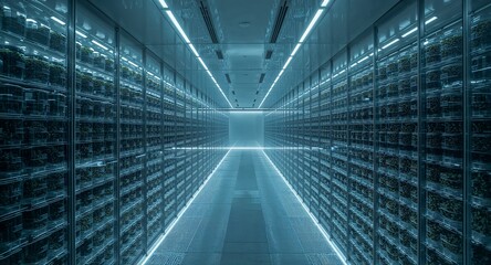 Illuminated server room with rows of data storage units and a bright light at the end of the hall
