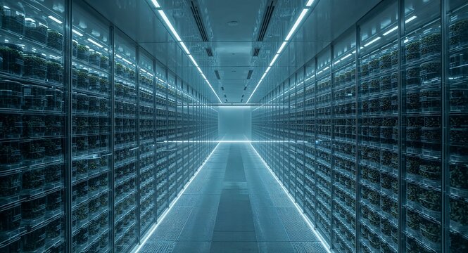 Illuminated server room with rows of data storage units and a bright light at the end of the hall - Powered by Adobe