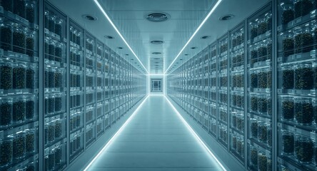 Fototapeta premium A long corridor with shelves filled with jars in a futuristic setting with blue lighting effects