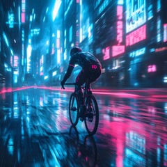 Synthwave Streets: A Biker’s Dash Through a City Bathed in Neon Light, young man riding a bike