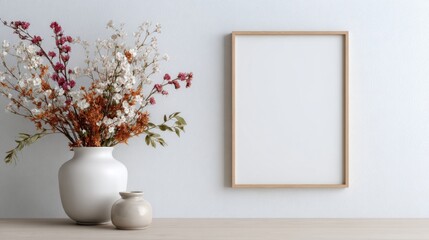 Modern Scandinavian poster frame, minimalist interior, clean lines, neutral tones, spacious layout, inviting atmosphere, perfect for showcasing art or design elements.
