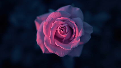 Close-up of a pink rose with soft petals illuminated by pink light against a dark blue background creating a romantic mood