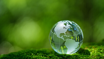Photo of a crystal globe rests gently on a bed of vibrant green moss, creating a serene and symbolic image of our planet earth nestled within the embrace of nature