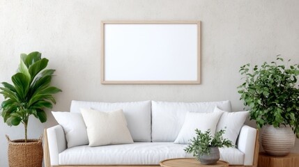 Scandinavian Living Room Mock-Up, a sleek poster frame in a minimalist interior, featuring a clean design with ample free space, perfect for showcasing art in a modern setting.