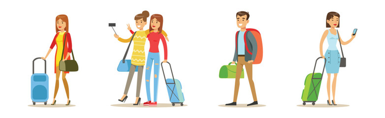 People Tourist and Traveler Character Have Excursion Trip Vector Set