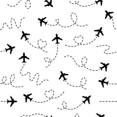 Airplanes routes with dotted line seamless pattern. Flying planes path with start point. Travel concept. Vector illustration isolated on white.