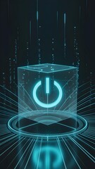 A futuristic neon power button glows in a transparent cube in a digital cyberspace.