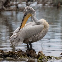 Dalmatian Pelican (Pelecanus crispus) at Kerkini Lake in Northern Greece.