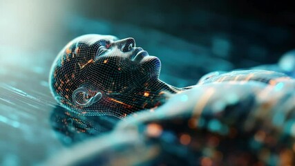 Animation with futuristic digital human figure is floating in a virtual environment, surrounded by glowing data streams and abstract patterns, representing technology and innovation - Powered by Adobe