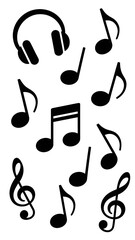 Musical theme with headphones and various musical notes in black on a white backdrop
