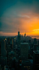 Manhattan cityscape at sunset paints the sky in fiery orange hues over the iconic buildings.