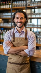 Confident bartender smiles in a restaurant setting with a bar and glassware