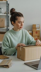 Woman preparing packages for shipment at a home office desk setting