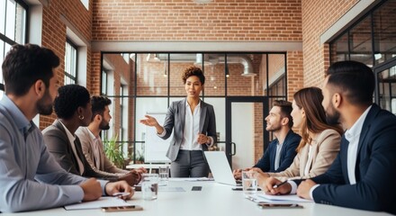 Confident businesswoman leading a strategic discussion with diverse colleagues in modern office
