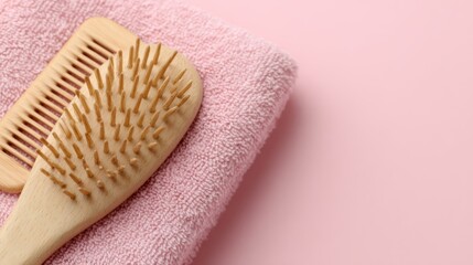 Wooden Brush and Comb Set on Soft Pink Towel, elegant minimalism, serene arrangement, inviting simplicity, perfect for personal care or gift ideas, soothing aesthetic