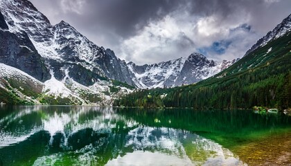 towering snow covered tatra mountains are reflected in the clear emerald waters of morskie oko lake beneath a moody sky near zakopane poland © Amy