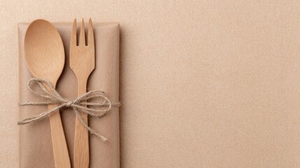 Elegant Wooden Cutlery Set Gift Wrapped in Kraft Paper on Rustic Wooden Surface, Minimalist Design, Clean Aesthetic, Perfect for Eco-Friendly Gifting