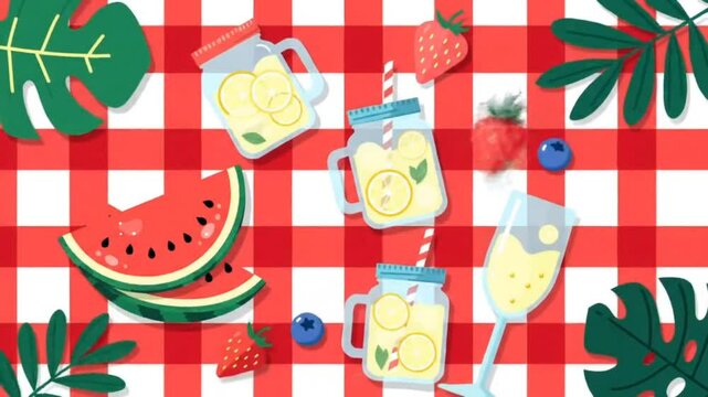 Colorful summer picnic scene with lemonade jars, fruits, and checkered cloth design. Food and drink concept