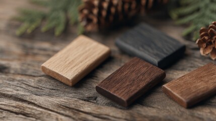 Fototapeta premium Wooden USB Drives on Rustic Wood, a minimalist display showcasing natural wooden USB drives and accessories arranged on a textured rustic wooden surface, emphasizing simplicity and elegance.