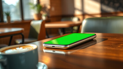 Close-up of a smartphone with a green screen display on a rustic wooden table in a sunlit coffee shop, ideal for mockups and promotions.