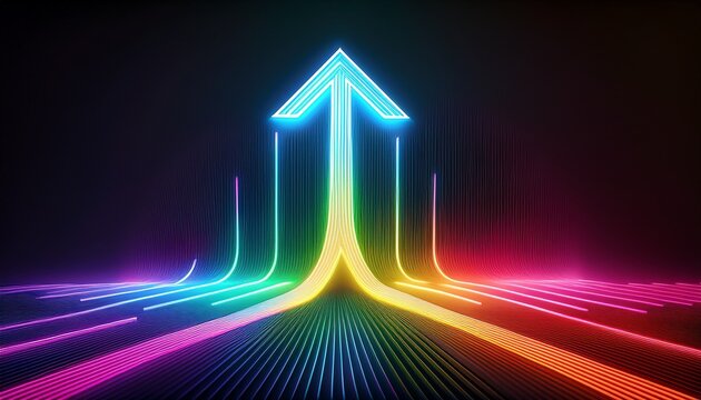 a vibrant multi colored neon arrow points upward on a dark background suggesting growth and progress