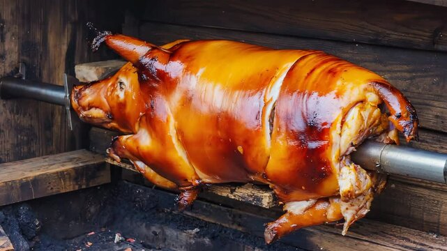 Lechon, Roasted pork, Whole pig on a spit with charred skin and tender meat, Deep golden-brown colors, Sunlight reflecting off the crispy skin, Festive and rich flavor
