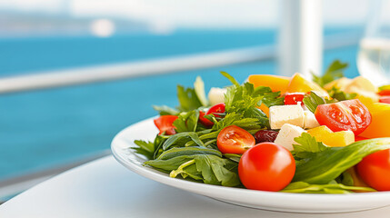 Fresh summer salad with cherry tomatoes, arugula, and cheese cubes served on a cruise ship deck, ocean in the background, vibrant colors, healthy vacation meal vibe, perfect for travel and lifestyle