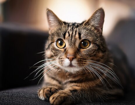 close up of a tabby cat with large amber eyes and long whiskers sitting on a dark fabric sofa appearing alert and focused in natural light - Powered by Adobe